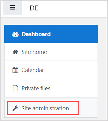 Site administration is in the left menu in Moodle.